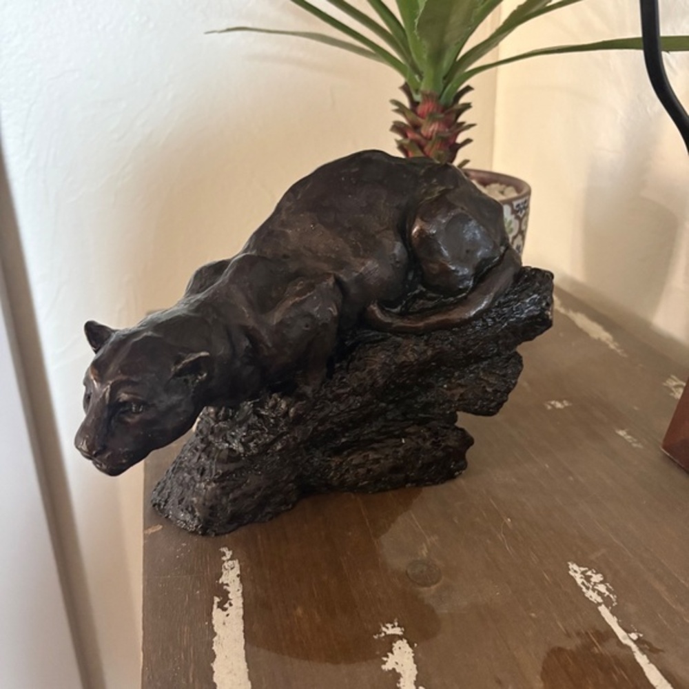 Striking Large Prowling Panther/Cougar Sculpture on a Naturalistic Log Base